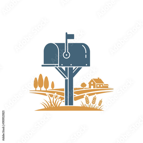 Rural Mailbox with Farm Landscape Illustration.