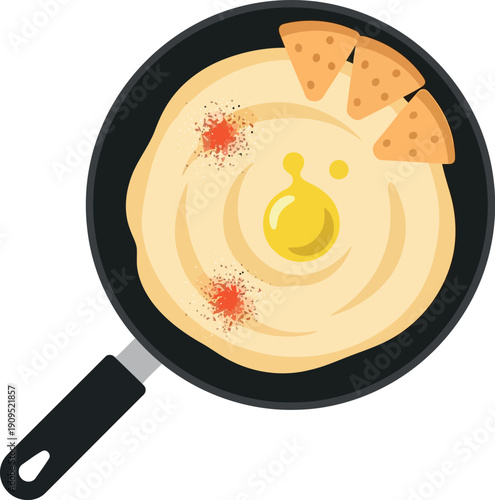 Vector Illustration of Classic Hummus with Olive Oil and Pita Chips in Pan, Middle Eastern Cuisine Concept