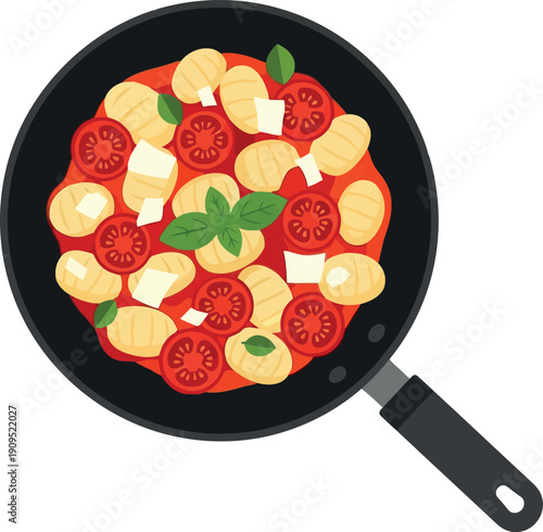 Vector Illustration of Italian Gnocchi with Tomato Sauce, Mozzarella, and Basil in Frying Pan