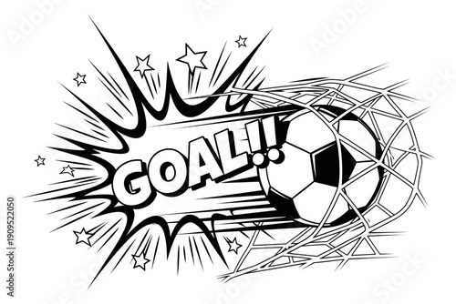 Line art comic explosion illustration of a soccer ball hitting the net depicting a goal being scored for sports success and achievement