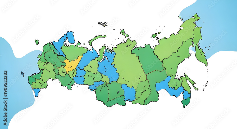 Obraz premium Colorful political map of russia divided into federal subjects and time zones, with a light blue sea border and white background