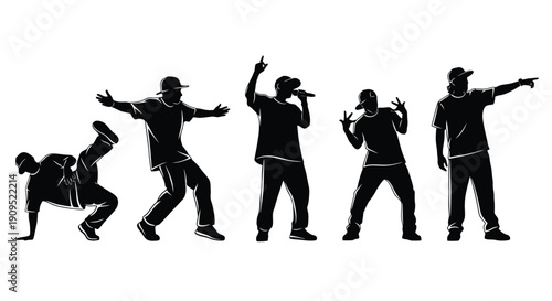 Silhouettes of Hip Hop Dancers and Rappers in Dynamic Poses.