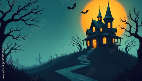 Wallpaper Mural Spooky mansion on hill under large orange moon with bats flying near dark bare trees. Pathway leads up to glowing windows of haunted house at twilight. Torontodigital.ca