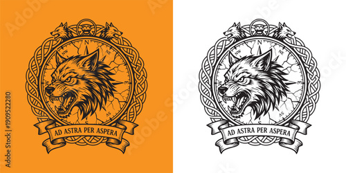 Ferocious Wolf Head with Compass Rose and Celtic Knotwork Frame