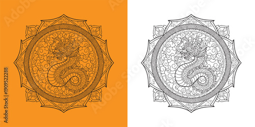 Oriental Dragon Mandala Illustration with Traditional Asian Cloud Patterns