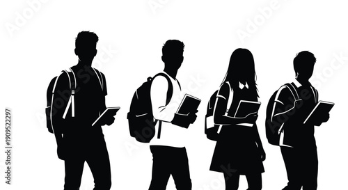 Silhouettes of four students with backpacks and books.