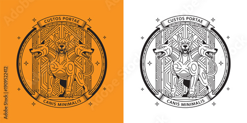 Minimalist Cerberus Guardian Symbol with Geometric Art Deco Background