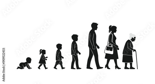 Human life cycle stages from infancy to old age depicted in silhouette.