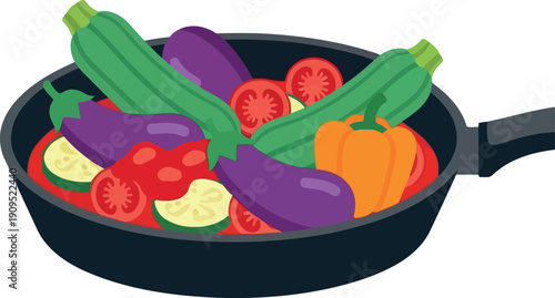 Colorful Ratatouille Vegetables in Pan Illustration – Fresh Zucchini, Eggplant, Tomato, Bell Pepper