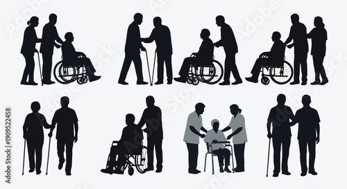 Silhouettes of people assisting elderly and disabled individuals.