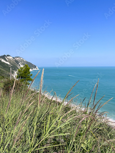 Summer Adriatic sea bay and Mezzavalle beach near Portonovo and Ancona towns in the Marche region, Italy, Conero Riviera. Summer vacation on the Adriatic sea, Monte Conero. Italy summer holidays. 
