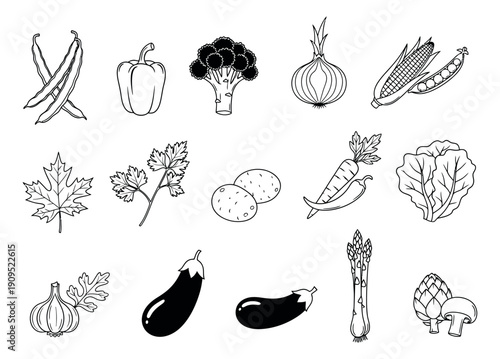 Hand drawn line art vegetable set featuring a variety of garden produce for healthy cooking