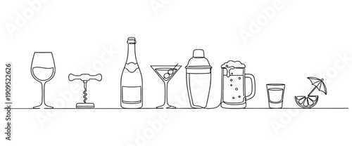 Continuous one line alcohol drinks. Alcoholic beverages glasses, from classic cocktails to craft beer, liquors and chill whiskey isolated vector set of alcohol drink