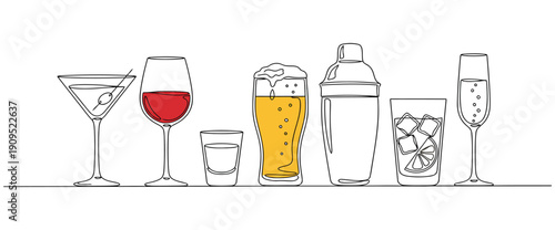 Continuous one line alcohol drinks. Alcoholic beverages glasses, from classic cocktails to craft beer, liquors and chill whiskey isolated vector set of alcohol drink