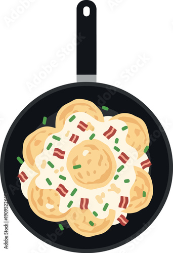 Vector Illustration of Pierogi with Sour Cream, Bacon, and Chives in Frying Pan – Traditional Polish Food