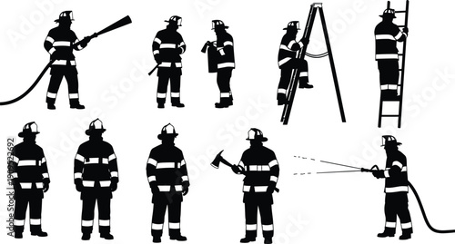 Firefighter Silhouette Collection Vector Illustration Emergency Rescue Team with Hose Axe Ladder Equipment Black and White Set