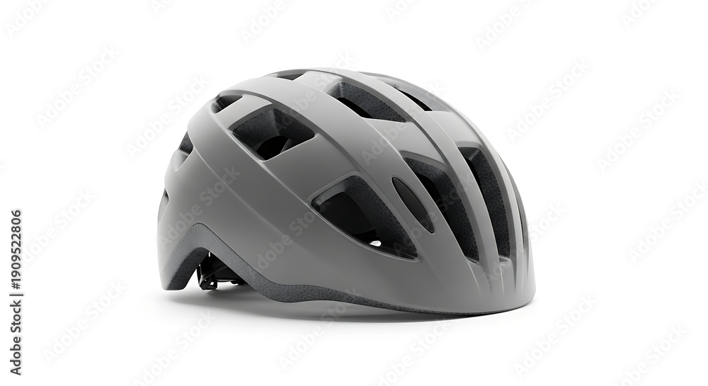 Fototapeta premium A modern grey cycling helmet with multiple ventilation holes sits angled on a clean white background, showcasing its protective design.