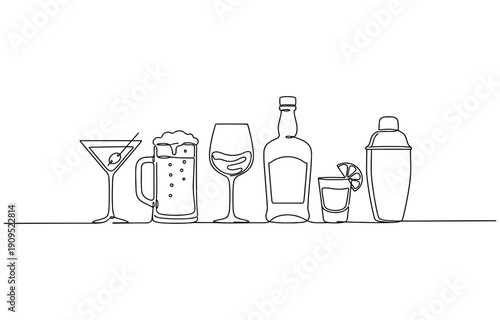 Continuous one line alcohol drinks. Alcoholic beverages glasses, from classic cocktails to craft beer, liquors and chill whiskey isolated vector set of alcohol drink