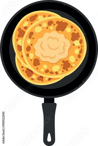 Vector Illustration of Pancakes Cooking in Frying Pan, Breakfast Food Concept, Flat Design