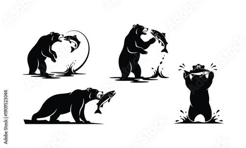 Bear catching fish mid-air Vector Silhouette illustration design set collection, bear catching fish silhouette, bear fishing vector illustration, bear hunting fish mid air silhouette, wildlife action 