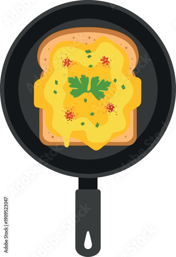 Vector Illustration of Cheese Omelette Toast in Frying Pan, Breakfast Food Concept