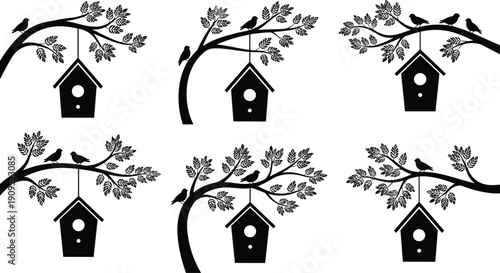 Black vector silhouette set of birdhouses hanging from leafy tree branches for concepts of nature garden spring wildlife and decorative branding