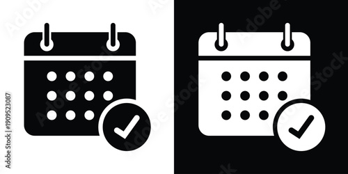 Calendar icon with a checkmark symbol, signifying completed tasks, confirmed appointments, or successful scheduling. Bold black and white vector for productivity apps.