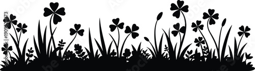 Black Silhouette Of Clover Plants And Grass On White Background shamrock