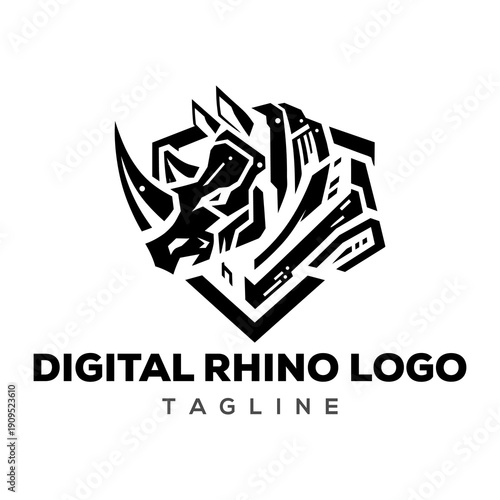Modern geometric rhino head logo vector template featuring robotic digital design for strong technology and security business branding identity