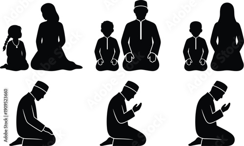 Islamic prayer silhouette icon set featuring Muslim family praying together, father son mother daughter sitting in masjid, religious worship spiritual devotion symbols isolated white