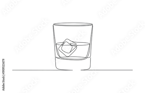 Continuous one line drawing. Bottle and glass of whiskey with ice. Vector illustration