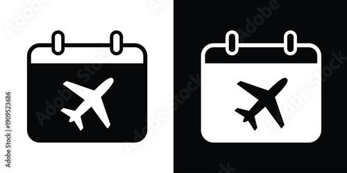Calendar icon featuring an airplane silhouette, perfect for travel planning, flight booking, vacation scheduling, or tourism apps. Clean black and white flat vector graphic.