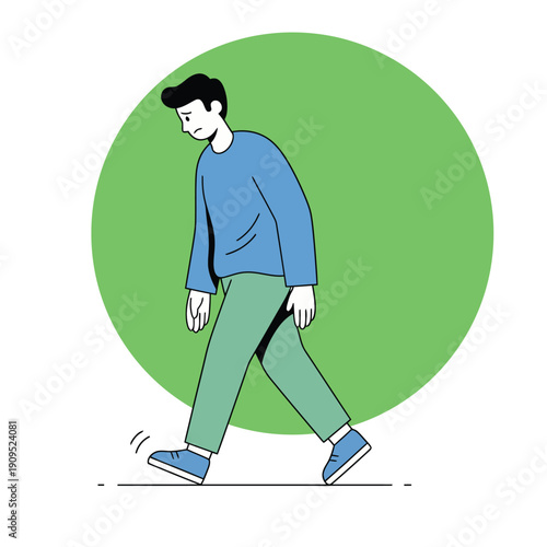 Concept of failure, disappointment, and a bad day. Modern illustration of a discouraged man walking with slumped shoulders, symbolizing emotional fatigue and life's setbacks.