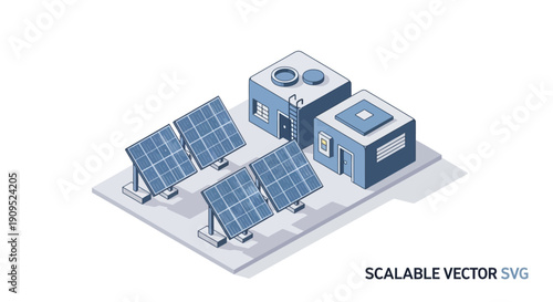 Isometric illustration of solar panels and energy storage units.