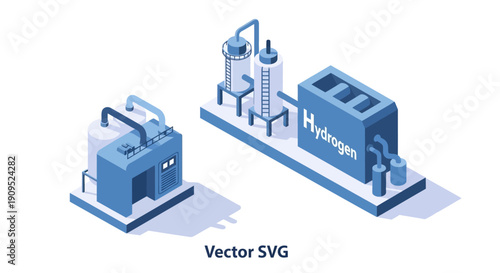 Hydrogen Production Facility Illustration with Industrial Equipment.