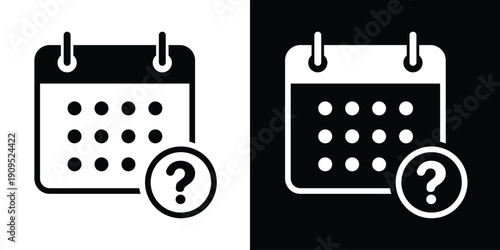 Calendar icon with a question mark symbol, signifying unscheduled events, pending dates, or appointment inquiries. Clean black and white minimalist vector for web and mobile apps.