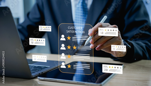 Tableau sur toile Businessman checking negative customer reviews and low ratings, analyzing dissatisfied users, service review surveys, online reputation management, and business improvement strategy