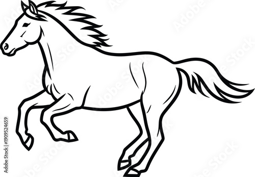 Outline drawing of a running horse, stylized line art of a stallion galloping, black and white vector illustration