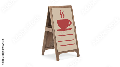 A wooden A-frame sidewalk sign with a beige background and a red coffee cup design (1)_traced