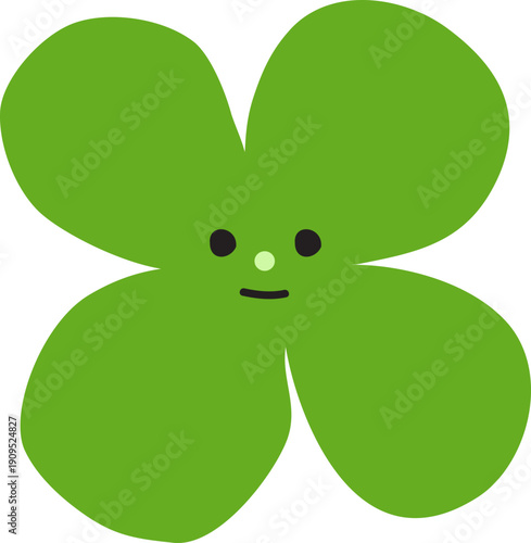 Cute Green Four Leaf Clover Character Face Vector Icon