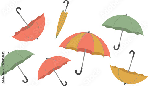 Set of seven colorful umbrellas including open striped inverted and closed styles in a flat vector design