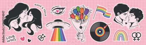 LGBTQ hand drawn elements. Rainbow, flag, gay and lesbian couples. Pride month stickers set. Vector illustration.