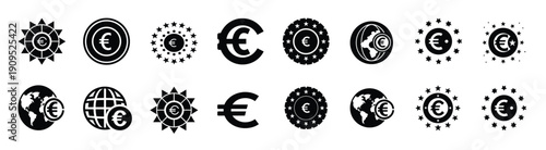 Euro currency symbol and global finance icon set, European money exchange and economy sign, world market investment vector illustration with editable stroke.