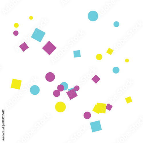 Colorful geometric shapes pattern, purple, yellow, and blue squares and circles, abstract background, for website or social media overlay, isolated on transparent background, png