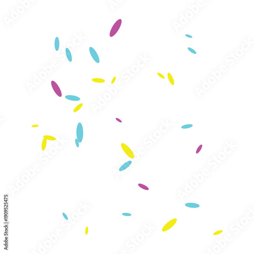 Colorful confetti pieces in yellow, blue, and purple, for celebration or party decoration, overlay effect, Isolated on transparent background, png