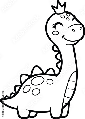 Cute cartoon baby dinosaur with a crown, black and white outline drawing for coloring book