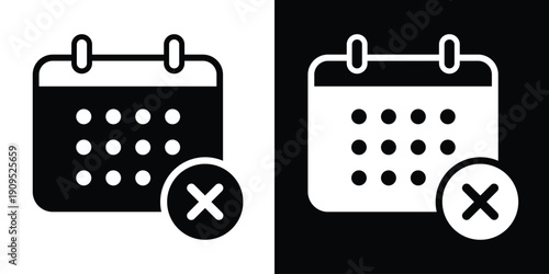 Calendar icon with a cross mark symbol, signifying completed tasks, confirmed appointments, or successful scheduling. Bold black and white vector for productivity apps.