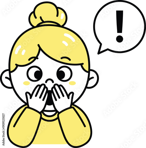 Woman with surprised expression, hands covering mouth, exclamation mark in speech bubble, shocked face, cartoon illustration