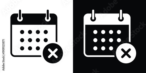 Calendar icon with a cross mark symbol, signifying completed tasks, confirmed appointments, or successful scheduling. Bold black and white vector for productivity apps.