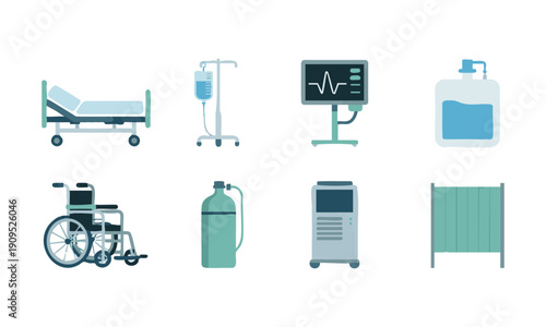 Flat intensive care hospital equipment vector icons illustration, easily editable.